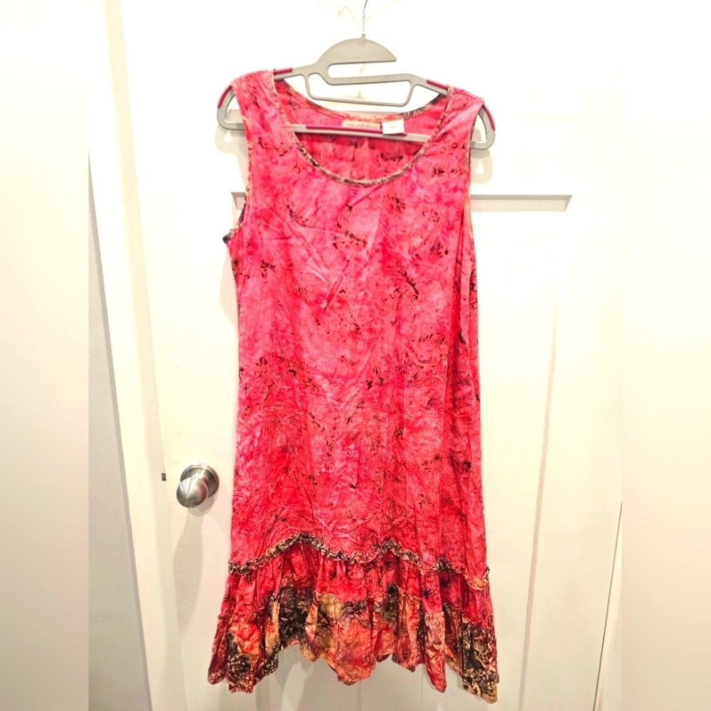 Frivolous Red Batik Sleeveless Dress M Handmade Rayon Ruffle Hem Boho